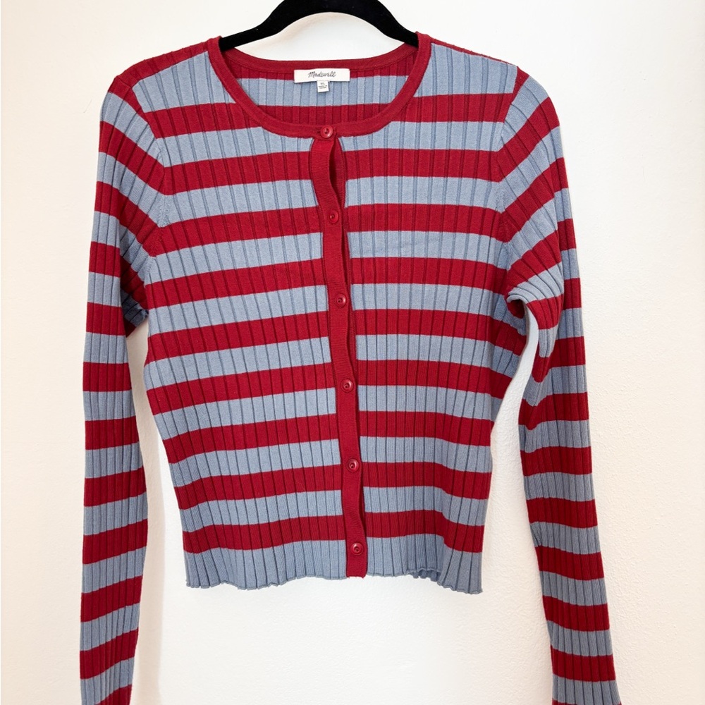 Madewell Ribbed Crewneck Striped Cardigan Sweater in Garnet and Gray Size XL